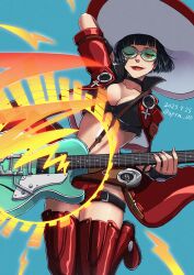 Rule 34 | 1girl, aqua background, black gloves, black hair, boots, breasts, cleavage, electric guitar, fingerless gloves, gloves, green-tinted eyewear, guilty gear, guilty gear strive, guitar, hat, highres, i-no, instrument, large breasts, looking at viewer, mole, mole above mouth, one eye closed, red footwear, red headwear, red lips, short hair, short sleeves, sptn 00, thigh boots, tinted eyewear, venus symbol, witch hat