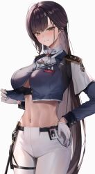 Rule 34 | 1girl, abs, absurdres, ascot, belt, black belt, black bra, blue shirt, blush, bra, breasts, brown hair, clenched teeth, clothes pull, cowboy shot, crop top, ear piercing, earrings, epaulettes, gloves, goddess of victory: nikke, hand on own hip, highres, id card, jewelry, large breasts, long hair, marciana (nikke), name tag, navel, navel piercing, pants, partially unbuttoned, piercing, renge (730), riding crop, shirt, shirt pull, solo, sweatdrop, teeth, tight clothes, tight pants, toned, underwear, very long hair, white ascot, white background, white gloves, white pants, yellow eyes