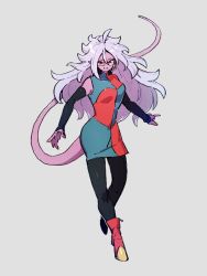 Rule 34 | 1girl, android 21, boots, breasts, checkered clothes, checkered dress, colored skin, detached sleeves, dragon ball, dragon ball fighterz, dress, earrings, full body, glasses, grey background, hair between eyes, jewelry, kemachiku, long hair, looking at viewer, majin android 21, medium breasts, pantyhose, pink skin, red eyes, red footwear, short hair, simple background, smile, solo, tail, white hair