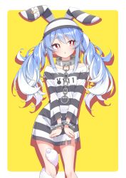 Rule 34 | 1girl, :o, absurdres, animal ears, blue hair, bound, bound wrists, braid, contrapposto, cuffs, dress, handcuffs, highres, hololive, long hair, looking to the side, multicolored hair, official alternate costume, orange eyes, prison clothes, quarterlift, rabbit ears, rabbit girl, short dress, short eyebrows, solo, standing, striped clothes, striped dress, thick eyebrows, torn clothes, torn dress, twin braids, two-tone hair, usada pekora, usada pekora (prisoner), virtual youtuber, white hair, yellow background
