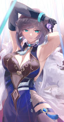 Rule 34 | 1girl, absurdres, armpits, arms up, black gloves, black hair, blue dress, blue hair, bob cut, bracelet, breasts, cleavage, diagonal bangs, dress, elbow gloves, fingerless gloves, fur-trimmed jacket, fur trim, genshin impact, gloves, green eyes, highres, holding dice, jacket, jacket on shoulders, jewelry, large breasts, looking at viewer, multicolored hair, neck tassel, open mouth, short hair, single elbow glove, sleeveless, sleeveless dress, smile, solo, two-tone hair, upper body, vision (genshin impact), white gloves, white jacket, yelan (genshin impact), yoruminono yo