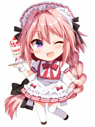Rule 34 | 1boy, ;d, alternate costume, astolfo (fate), black ribbon, blush, braid, enmaided, fang, fate (series), full body, hair intakes, hair ribbon, long hair, looking to the side, maid, maid headdress, male focus, one eye closed, open mouth, pink hair, purple eyes, ribbon, simple background, single braid, skirt, smile, solo, thighhighs, trap, tsukudani norio, very long hair, white background, white skirt, white thighhighs