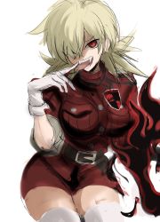 Rule 34 | 1girl, belt, belt buckle, blonde hair, blood, blood on hands, breasts, buckle, fangs, gloves, hair over one eye, hellsing, highres, large breasts, licking, licking finger, looking at viewer, military, military uniform, rakeemspoon, red eyes, seras victoria, sharp teeth, single hand, sitting, sleeves rolled up, solo, tagme, teeth, thick thighs, thighhighs, thighs, uniform, vampire, white background, white gloves, white thighhighs