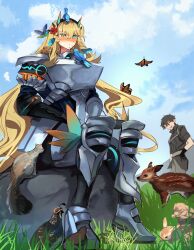 Rule 34 | 1boy, 1girl, absurdres, armor, barghest (fate), barghest (first ascension) (fate), belt, bird, black gloves, black hair, black jacket, blonde hair, blue sky, blush, breastplate, breasts, bug, butterfly, closed eyes, fate/grand order, fate (series), faulds, fawn, flower, fujimaru ritsuka (male), fujimaru ritsuka (male) (polar chaldea uniform), gauntlets, gloves, grass, greaves, green eyes, grey pants, hair flower, hair ornament, highres, horns, insect, jacket, large breasts, long hair, looking at viewer, obazzotto, open mouth, pants, pauldrons, pouch, quail, rabbit, rock, short hair, short sleeves, shoulder armor, sitting, sky, smile, squirrel
