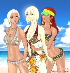 Rule 34 | 3girls, beach, bikini, dark skin, highres, karui (naruto), mabui (naruto), multiple girls, naruto (series), naruto shippuuden, red hair, samui (naruto), short hair, sousaku nori, swimsuit