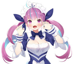 Rule 34 | 1girl, :d, blue bow, blue bowtie, blue nails, blush, bow, bowtie, braid, breasts, claw pose, cleavage, colored inner hair, fingernails, gaou (umaiyo puyoman), hololive, large breasts, looking at viewer, maid headdress, minato aqua, minato aqua (1st costume), multicolored hair, nail polish, open mouth, pink eyes, pink hair, simple background, smile, solo, streaked hair, twintails, upper body, virtual youtuber, white background