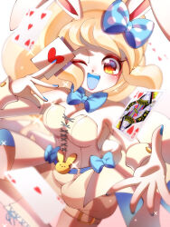 Rule 34 | 1girl, ace (playing card), ace of hearts, animal ears, blue nails, bow, bowtie, breasts, card, cleavage, five of hearts, heart, high ponytail, highres, holding, holding card, large breasts, long hair, looking at viewer, one eye closed, open mouth, orange eyes, pipiko., playing card, queen (playing card), queen of hearts (playing card), rabbit ears, rabbit girl, snowrabby, solo, three of hearts, wrist cuffs, youkai (youkai watch), youkai watch, youkai watch 3