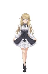 Rule 34 | 1girl, black footwear, blonde hair, blue eyes, full body, highres, looking at viewer, official art, princess (princess principal), princess principal, princess principal game of mission, school uniform, shoes, skirt hold, smile, solo, standing, transparent background