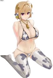 Rule 34 | 1girl, absurdres, animal costume, animal ears, animal print, arcueid brunestud, bell, blonde hair, breasts, chinese zodiac, cleavage, cow costume, cow ears, cow girl, cow horns, cow print, cowbell, ear tag, firstw1, full body, highres, horns, large breasts, looking at viewer, navel, red eyes, simple background, sitting, smile, solo, thighhighs, tsukihime, twitter username, wariza, white background, year of the ox
