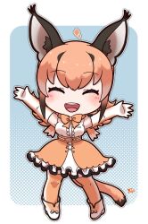 Rule 34 | 1girl, animal ears, blue background, bow, bowtie, caracal (kemono friends), cat ears, cat girl, cat tail, elbow gloves, extra ears, full body, gloves, highres, kemono friends, kemono friends v project, kneehighs, long hair, looking at viewer, microphone, mugise hitsuji, orange hair, shirt, shoes, simple background, skirt, sleeveless, sleeveless shirt, socks, solo, tail, virtual youtuber