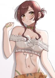 Rule 34 | 0-toki, 1girl, absurdres, bare shoulders, blush, breasts, brown hair, cleavage, collarbone, cross-laced clothes, cross-laced top, green nails, hair bun, hair ornament, hairclip, highres, idolmaster, idolmaster shiny colors, looking at viewer, medium breasts, medium hair, midriff, nail polish, navel, off shoulder, osaki amana, simple background, single hair bun, solo, stomach, strapless, tube top, upper body, white background, yellow eyes