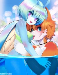 Rule 34 | 1boy, 2023, absurdres, artist name, beetle, beetle girl, blue eyes, blue hair, blush, bug, fox, furry, furry female, furry male, furry with furry, highres, in water, insect, interspecies, jewel the beetle, leotard, one-piece swimsuit, open mouth, pink eyes, smile, swimsuit, tails (sonic), tsampikos, water, wings