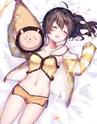 Rule 34 | 1girl, ahoge, babydoll, bare legs, bare shoulders, bed sheet, blush, breasts, brown hair, camisole, cleavage, closed eyes, collarbone, commentary, cowboy shot, ebi frion (natsuiro matsuri), groin, hair between eyes, halterneck, highres, hololive, irr1004, jacket, lying, medium hair, midriff, natsuiro matsuri, natsuiro matsuri (matsuri&#039;s day off), navel, off shoulder, on back, open clothes, open jacket, open mouth, orange shorts, scrunchie, short shorts, shorts, side ponytail, sleeping, small breasts, solo, strap slip, striped clothes, striped jacket, stuffed animal, stuffed toy, thighs, virtual youtuber, yellow camisole, yellow jacket