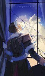 Rule 34 | 2boys, artist name, black coat, braid, broken window, brown hair, capelet, coat, cowboy shot, crack, cracked glass, curtain grab, curtains, emet-selch, epaulettes, eye contact, face-to-face, final fantasy, final fantasy xiv, from behind, fur-trimmed coat, fur trim, gloves, glowing, half-closed eyes, hand on another&#039;s cheek, hand on another&#039;s face, highres, hood, hood down, hooded capelet, hythlodaeus, indoors, leaning forward, light particles, lliusn, long sleeves, looking at another, male focus, medium hair, moon phases, multicolored hair, multiple boys, open mouth, purple eyes, purple hair, robe, short hair, side braid, single braid, smile, standing, two-tone hair, white capelet, white gloves, white robe, window, yaoi, yellow eyes