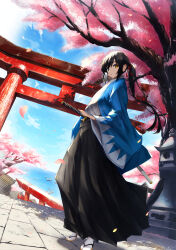 Rule 34 | 1girl, black hair, blonde hair, blue sky, cherry blossoms, falling petals, green eyes, hair ribbon, haori, highres, hirano masatosh, holding, holding sword, holding weapon, japanese clothes, katana, kimono, long hair, looking at viewer, looking to the side, multicolored eyes, open mouth, original, outdoors, petals, ponytail, ribbon, shadow, shinsengumi, shrine, sky, solo, sunlight, sword, torii, tree, weapon