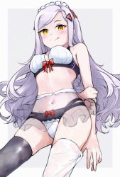 Rule 34 | :p, absurdres, black lilith (last origin), blush, bow, bow panties, breasts, closed mouth, curly hair, feet out of frame, from below, hair ornament, highres, large breasts, last origin, lingerie, long hair, looking down, maid headdress, mer (mer3in), navel, panties, red bow, see-through, silver hair, simple background, smile, standing, swept bangs, thighhighs, thighhighs pull, tongue, tongue out, underwear, yellow eyes