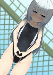 Rule 34 | 1girl, blue eyes, blue hair, blurry, blush, competition swimsuit, depth of field, frown, groin, hair between eyes, heart, heart hands, hibiki (kancolle), highres, kantai collection, light blue hair, long hair, one-piece swimsuit, shiruhino, solo, swimsuit