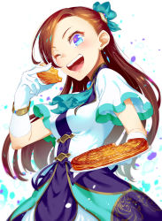 Rule 34 | 1girl, ;d, blue bow, blue eyes, blue neckwear, bow, bracelet, breasts, brooch, brown hair, dog man cat, dress, earrings, eating, female focus, food, gloves, hair bow, highres, holding, holding plate, jewelry, katarina claes, long hair, medium breasts, one eye closed, open mouth, otome game no hametsu flag shika nai akuyaku reijou ni tensei shite shimatta, pie, plate, short sleeves, smile, solo, standing, white background, white gloves