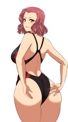 Rule 34 | &gt;:), 10s, 1girl, ass, bare arms, bare shoulders, breasts, brown eyes, competition swimsuit, cowboy shot, from behind, girls und panzer, hifumi hajime, large breasts, looking at viewer, looking back, one-piece swimsuit, parted lips, red hair, rosehip (girls und panzer), short hair, smile, solo, swimsuit, v-shaped eyebrows