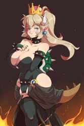 Rule 34 | 1girl, black leotard, black thighhighs, blonde hair, bowsette, breasts, cleavage, commentary, covered erect nipples, english commentary, eyebrows, feet out of frame, fire, frown, hand on own chest, highres, horns, large breasts, leokingdom, leotard, long hair, mario (series), new super mario bros. u deluxe, nintendo, pointy ears, skirt, solo, spiked shell, spiked tail, strapless, strapless leotard, super crown, tail, thighhighs