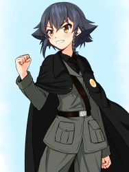 Rule 34 | 10s, 1girl, anchovy, anchovy (cosplay), anchovy (girls und panzer), anzio military uniform, belt, black belt, black hair, black shirt, blue background, braid, brown eyes, cape, clenched hand, commentary, cosplay, cowboy shot, dress shirt, girls und panzer, gradient background, grey jacket, grey pants, grin, highres, jacket, long sleeves, looking to the side, military, military uniform, pants, pepperoni (girls und panzer), ruka (piyopiyopu), sam browne belt, shirt, short hair, side braid, smile, solo, standing, uniform, v-shaped eyebrows
