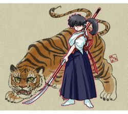Rule 34 | 1girl, black hair, japanese clothes, kunou kodachi, naginata, ponytail, ranma 1/2, side ponytail, solo, spear, wanta (futoshi), weapon