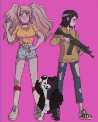Rule 34 | alternate costume, assault rifle, black choker, black coat, black hair, black jacket, black neckwear, blonde hair, blue jeans, blue pants, blush, breasts, calf socks, checkered footwear, choker, closed mouth, coat, coffee cup, cup, cut-off jeans, danganronpa: trigger happy havoc, danganronpa (series), denim, denim shorts, disposable cup, enoshima junko, eyewear on head, fake nails, fingernails, freckles, full body, gun, hand up, high-waist shorts, highres, holding, holding gun, holding weapon, hood, hoodie, ikusaba mukuro, jacket, jeans, large breasts, looking at viewer, looking to the side, monokuma, nail polish, neckwear request, pants, pink background, red nails, rifle, shirt, shoes, shorts, siblings, simple background, sisters, slip-on shoes, smile, sneakers, starbucks coffee, sunglasses, sunglasses on head, thighs, tied shirt, torn clothes, torn jeans, torn legwear, torn pants, twins, twintails, viko-huiko, weapon, white footwear, woman soldier, yellow coat, yellow hoodie, yellow jacket, yellow shirt