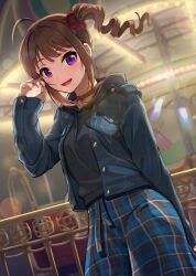 Rule 34 | 1girl, ahoge, arm behind back, black hoodie, blue jacket, brown choker, brown hair, carousel, casual, choker, commentary request, denim, denim jacket, drawstring, drill hair, dutch angle, hair ornament, hair scrunchie, hand in own hair, highres, hood, hood down, hoodie, idolmaster, idolmaster million live!, jacket, kamille (vcx68), long sleeves, looking at viewer, medium hair, multicolored pants, night, open clothes, open jacket, open mouth, outdoors, pants, partial commentary, plaid, plaid pants, purple eyes, red scrunchie, scrunchie, side drill, side ponytail, sidelocks, smile, solo, standing, yokoyama nao