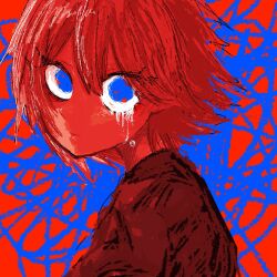 Rule 34 | 1girl, akaya (na ve 1), black sweater, blue background, blue eyes, closed mouth, colored skin, dripping eye, from side, hair between eyes, highres, looking at viewer, looking to the side, original, portrait, red background, red hair, red skin, red theme, scribble, short hair, solo, sweater, tears
