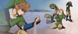 Rule 34 | 1boy, armor, beach, belt, black gloves, blonde hair, blue eyes, boots, brown footwear, brown pants, chainmail, closed eyes, commentary request, covering face, dramatic dmitry (meme), fingerless gloves, full body, gloves, green headwear, green tunic, hair between eyes, highres, kneeling, link, looking down, male focus, meme, multiple views, nintendo, ninto, outdoors, outstretched arms, pants, parody, pointy ears, sand, shirt, short hair, shoulder strap, sidelocks, the legend of zelda, the legend of zelda: skyward sword, upper body, white shirt