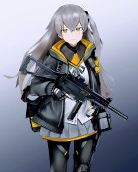 Rule 34 | 1girl, armband, black bow, black pantyhose, bow, brown eyes, brown hair, closed mouth, cowboy shot, exoskeleton, fingerless gloves, girls&#039; frontline, gloves, gradient background, grey hair, gun, h&amp;k ump, hair between eyes, hair ornament, highres, holding, holding gun, holding weapon, jacket, light smile, long hair, long sleeves, looking at viewer, one side up, open clothes, open jacket, orange eyes, pantyhose, pleated skirt, scar, scar across eye, scar on face, shirt, skirt, solo, standing, submachine gun, toiro (mononz3), ump45 (girls&#039; frontline), weapon, white shirt