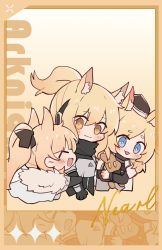 Rule 34 | 3girls, :d, ^ ^, animal ear fluff, animal ears, arknights, armor, aube4384, aunt and niece, black gloves, black headwear, black jacket, blemishine (arknights), blonde hair, blue eyes, blush, breastplate, brown background, brown eyes, character name, closed eyes, closed mouth, copyright name, cropped torso, garrison cap, gloves, hair between eyes, hat, highres, horse ears, hugging object, jacket, long hair, multiple girls, nearl (arknights), open mouth, ponytail, short eyebrows, siblings, sisters, smile, stuffed animal, stuffed rabbit, stuffed toy, thick eyebrows, upper body, whislash (arknights), white jacket