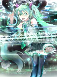 Rule 34 | 119, 1girl, :d, aqua eyes, aqua hair, arm up, bad id, bad pixiv id, bare shoulders, black skirt, black thighhighs, detached sleeves, hatsune miku, highres, instrument, long hair, necktie, open mouth, pleated skirt, shirt, skirt, sleeveless, sleeveless shirt, smile, solo, speaker, synthesizer, thighhighs, twintails, very long hair, vocaloid, white shirt, zettai ryouiki