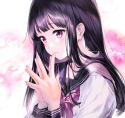 Rule 34 | 1girl, black hair, black sailor collar, blush, bow, closed mouth, commentary request, hands up, long hair, looking away, original, palms together, pierorabu, pink bow, purple eyes, sailor collar, school uniform, serafuku, shirt, solo, upper body, white shirt