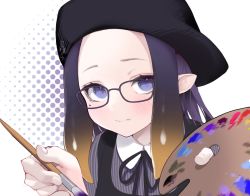 Rule 34 | amejaga, beret, blush, bow, forehead, glasses, hat, highres, holding, holding paintbrush, hololive, hololive english, light smile, looking at viewer, mole, mole under eye, multicolored hair, ninomae ina&#039;nis, ninomae ina&#039;nis (casual), orange hair, paintbrush, palette (object), pointy ears, purple eyes, purple hair, shirt, solo, striped clothes, striped shirt, tentacle hair, virtual youtuber