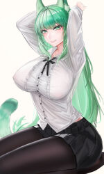 Rule 34 | 1girl, absurdres, animal ear fluff, animal ears, arknights, arms behind head, arms up, black pantyhose, breasts, cat ears, cat girl, cat tail, collared shirt, green eyes, green hair, harmonie (arknights), highres, large breasts, long hair, long sleeves, minuolin, neck ribbon, pantyhose, pleated skirt, ribbon, shirt, skirt, smile, tail, white shirt