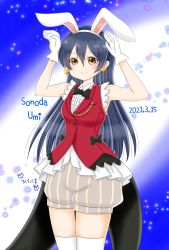 Rule 34 | 1girl, animal ears, artist name, artist request, bare shoulders, black bow, blue hair, blush, bow, bowtie, breasts, buttons, collared shirt, dress, earrings, female focus, frilled dress, frills, gloves, grey shorts, hair between eyes, hands up, heart, heart earrings, highres, jewelry, korekara no someday, long hair, looking at viewer, love live!, love live! school idol festival, love live! school idol project, medium breasts, pants, pants under skirt, parted lips, puffy shorts, rabbit ears, red shirt, shirt, shorts, sleeveless, smile, solo, sonoda umi, sparkle, striped clothes, striped pants, vertical-striped clothes, vertical-striped pants, white gloves, white legwear, yellow eyes