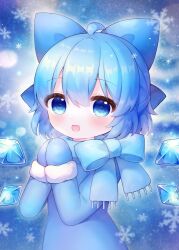 Rule 34 | 1girl, blue bow, blue dress, blue eyes, blue hair, blue mittens, blue scarf, blush, bow, cirno, coa (chroo x), detached wings, dress, fairy, fur-trimmed sleeves, fur trim, hair between eyes, hair bow, ice, ice wings, mittens, open mouth, scarf, short hair, smile, solo, touhou, upper body, wings