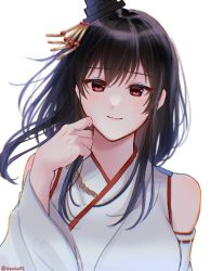 Rule 34 | 1girl, aiguillette, ayuko91, black hair, breasts, detached sleeves, hair ornament, highres, japanese clothes, kantai collection, large breasts, nontraditional miko, red eyes, short hair, smile, solo, upper body, yamashiro (kancolle)