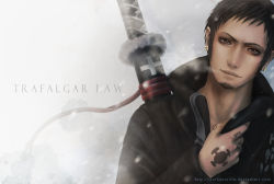 Rule 34 | 1boy, black hair, black jacket, brown eyes, character name, coat, earrings, facial hair, goatee, jacket, jewelry, male focus, one piece, ootachi, sheath, sheathed, snow, solo, string, string of fate, sword, tattoo, trafalgar law, weapon