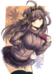 Rule 34 | 10s, 1girl, ahoge, alternate costume, arm behind back, black thighhighs, blue eyes, book, breasts, brown hair, brown skirt, double bun, hair bun, hairband, headgear, holding, holding book, kantai collection, kongou (kancolle), large breasts, leaning forward, long hair, long sleeves, looking at viewer, miniskirt, ribbed sweater, shinshin, skirt, smile, solo, sweater, thighhighs, twitter username, zettai ryouiki