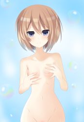 Rule 34 | 10s, 1girl, blanc (neptunia), blue eyes, breasts, brown hair, covering privates, covering breasts, highres, neptune (series), nude, short hair, small breasts, solo, standing, vesperia, wide hips