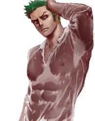 Rule 34 | 1boy, bad id, bad pixiv id, bara, covered abs, covered erect nipples, earrings, green hair, hand on own head, jewelry, large pectorals, long sideburns, makuro (inmomakuro), male focus, muscular, muscular male, one piece, pectorals, roronoa zoro, see-through, shirt, short hair, sideburns, single earring, solo, upper body, v-neck, wet, wet clothes, wet shirt, white background