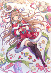 Rule 34 | 1girl, animal ears, bad id, bad pixiv id, bauble, black thighhighs, blonde hair, blush, candle, candy, candy cane, capelet, christmas, christmas ornaments, closed mouth, coffee mug, cup, dress, food, full body, fur-trimmed capelet, fur trim, gift, gingerbread man, green eyes, green ribbon, hair ribbon, hair spread out, headdress, high heels, highres, knee up, light particles, long hair, long sleeves, looking at viewer, lying, macaron, mug, on back, original, red capelet, red dress, red footwear, red ribbon, ribbon, santa costume, shade, sidelocks, smile, solo, star (symbol), striped ribbon, thighhighs, tile floor, tiles, very long hair, yeonwa