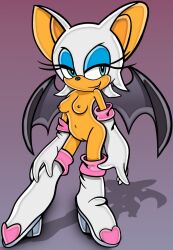 Rule 34 | 1girl, animal ears, bare shoulders, bat ears, bat girl, bat wings, blue eyes, boots, bottomless, breasts, button nose, elbow gloves, eyelashes, eyeshadow, furry, furry female, gloves, hand on own thigh, high heels, highres, large ears, looking at viewer, looking to the side, makeup, medium breasts, navel, nipples, no bra, no panties, non-web source, pointy ears, rouge the bat, semi-nude, small breasts, smile, smirk, smirking at viewer, sonic (series), thigh boots, uncensored, vaginal, white footwear, white gloves, wings