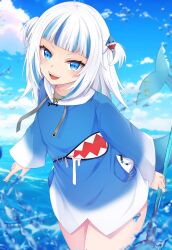Rule 34 | 1girl, absurdres, blue eyes, blue hair, blue hoodie, blue sky, blunt bangs, blush, breasts, cloud, fins, fish tail, gawr gura, gawr gura (1st costume), grey hair, hair ornament, highres, holding, holding polearm, holding trident, holding weapon, hololive, hololive english, hood, hoodie, iyotsuki11, looking at viewer, medium hair, multicolored hair, open mouth, polearm, shark girl, shark hair ornament, shark tail, sharp teeth, sidelocks, sky, small breasts, smile, solo, streaked hair, tail, teeth, trident, two side up, upper teeth only, virtual youtuber, water, weapon