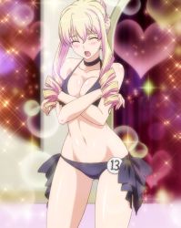 Rule 34 | 10s, 1girl, absurdres, bertille althusser, bikini, black bra, black panties, blonde hair, blush, bra, breasts, closed eyes, highres, large breasts, long hair, open mouth, panties, solo, standing, stitched, swimsuit, third-party edit, underwear, walkure romanze