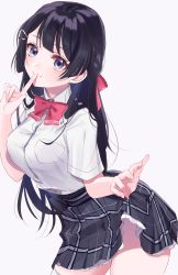 Rule 34 | black hair, blouse, bow, breast pocket, clothes lift, collared shirt, cowboy shot, finger to mouth, grey background, hair bow, highres, long hair, misumi (macaroni), nijisanji, plaid, plaid skirt, pocket, shirt, shushing, simple background, skirt, skirt lift, solo, standing, thighhighs, thighs, tsukino mito, tsukino mito (1st costume), very long hair, virtual youtuber, white shirt, white thighhighs