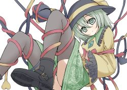 Rule 34 | 1girl, absurdres, black footwear, black hat, black thighhighs, blouse, boots, bound, bow, breasts, closed mouth, commentary, eyes visible through hair, frilled sleeves, frills, green eyes, green hair, green skirt, hair between eyes, hanging, hat, hat bow, highres, komeiji koishi, kumasan (kumazonjp), looking at viewer, medium breasts, shirt, short hair, simple background, skirt, smile, solo, thighhighs, thighs, third eye, tied up, touhou, white background, wide sleeves, yellow shirt