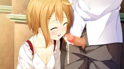 Rule 34 | 1girl, blush, breasts, brown hair, censored, cleavage, cum, cum on body, cum on upper body, donuthouse, closed eyes, facial, game cg, hair ornament, hairclip, mayachi (amuriya), mosaic censoring, penis, short hair, small breasts, smile, solo focus, standing, uniform, unzipped, valkyrie runabout!